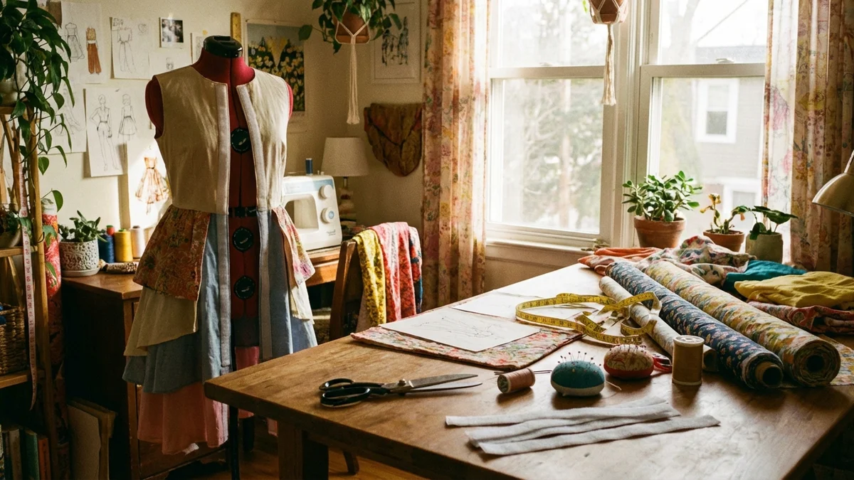 DIY quick change dress construction with fabric scissors thread and sewing supplies on crafting table