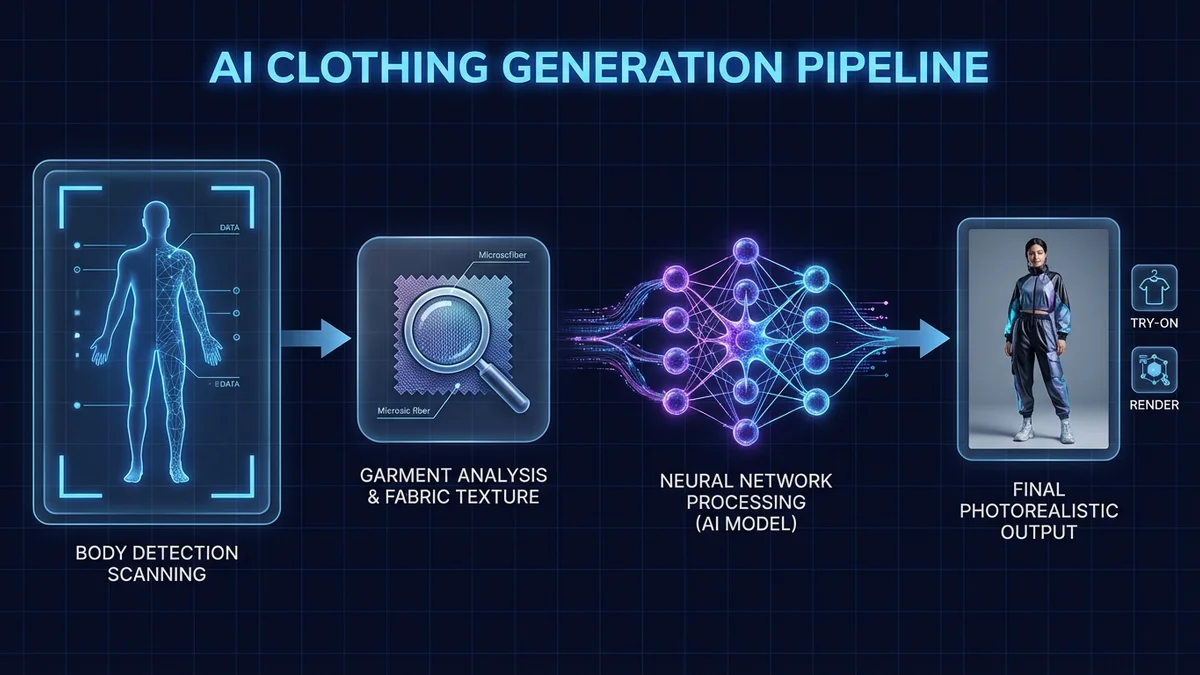 Diagram showing AI clothing generation process from photo input to realistic output