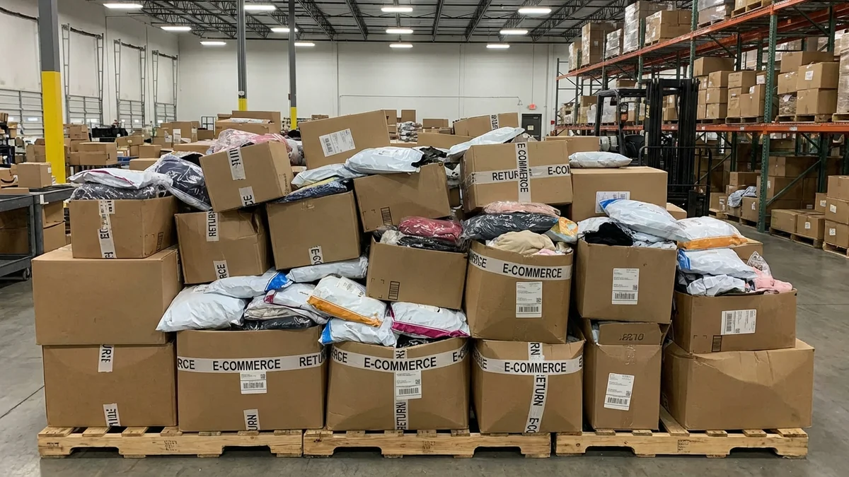 Stacks of returned clothing packages illustrating the e-commerce returns problem