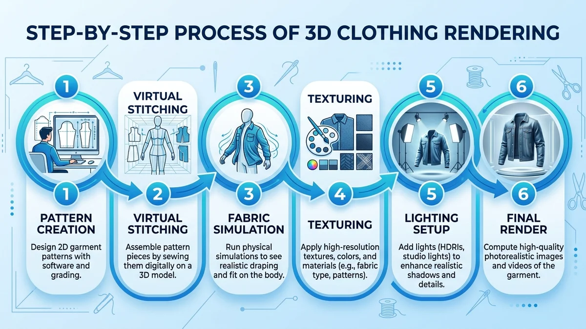 Process infographic showing how rendering clothes transforms fashion design workflow
