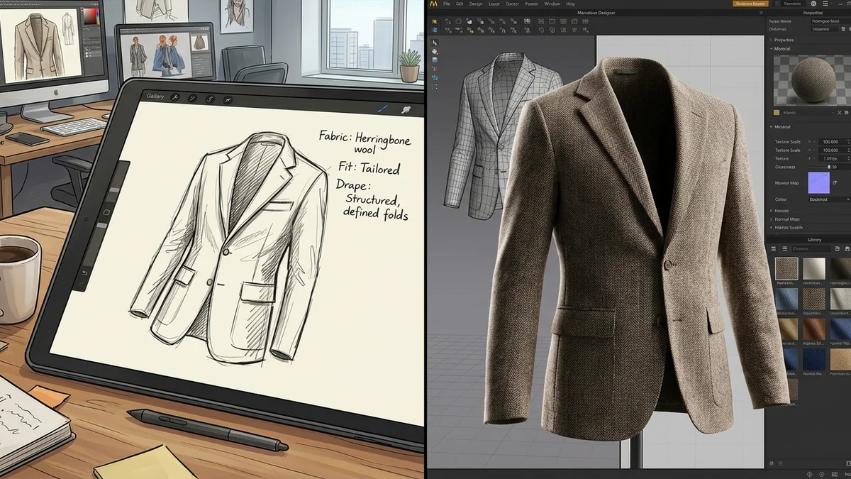 Illustration showing the concept of rendering clothes digitally with fabric textures and lighting effects