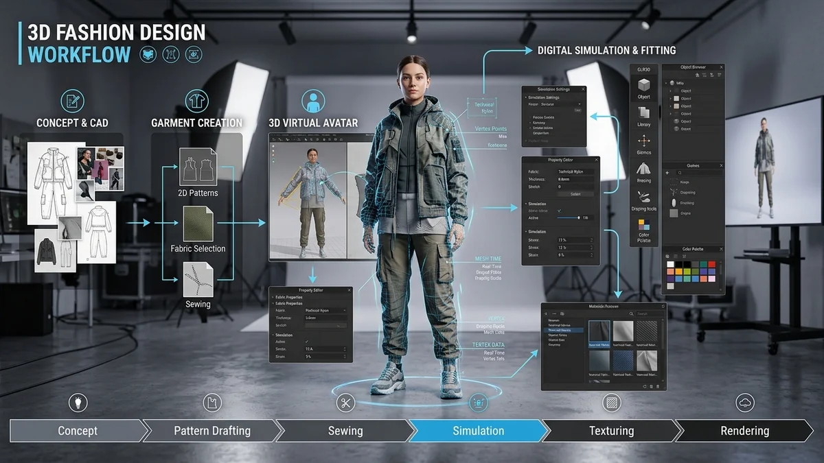 Step-by-step process of 3D clothing rendering from pattern to final render
