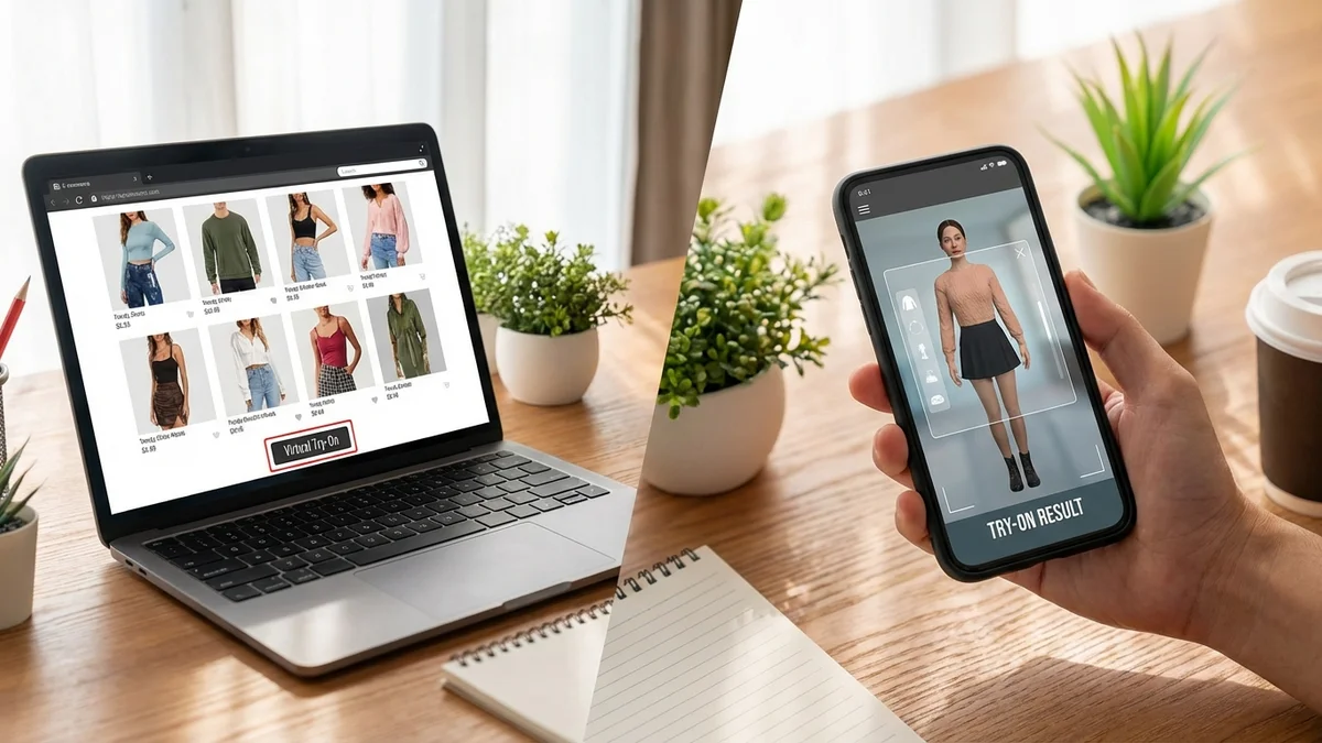 Online shopping with virtual try-on technology on laptop and smartphone screens