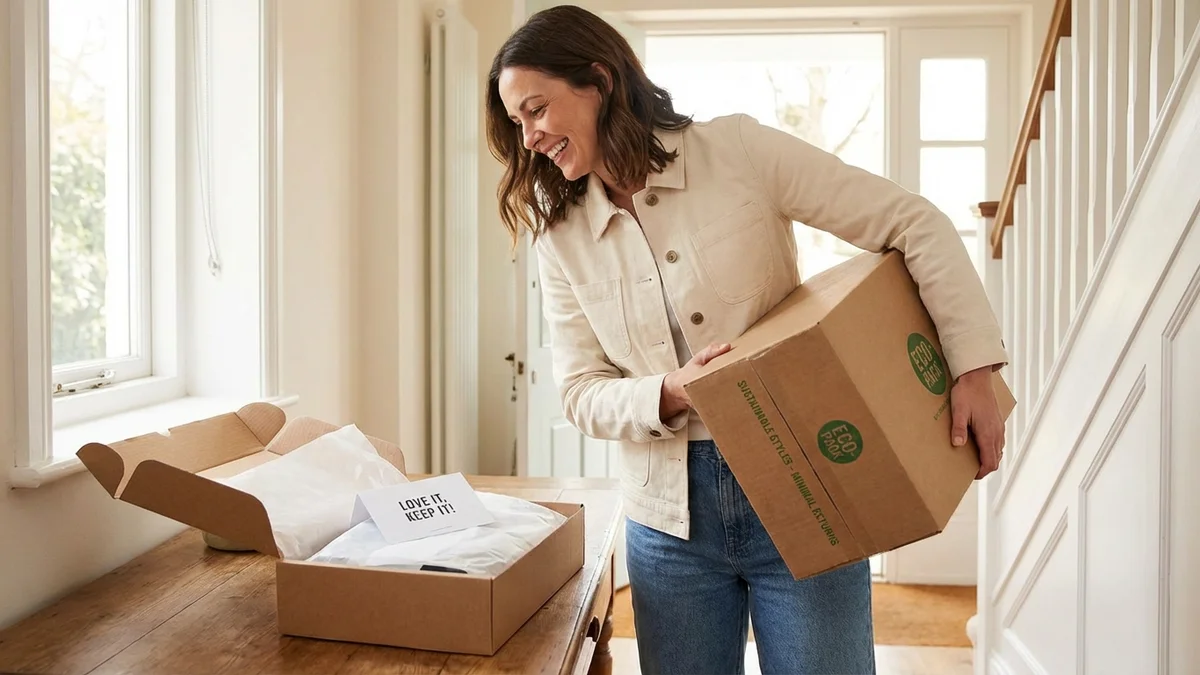 Happy person receiving perfectly fitting clothes from online order, confident with purchase