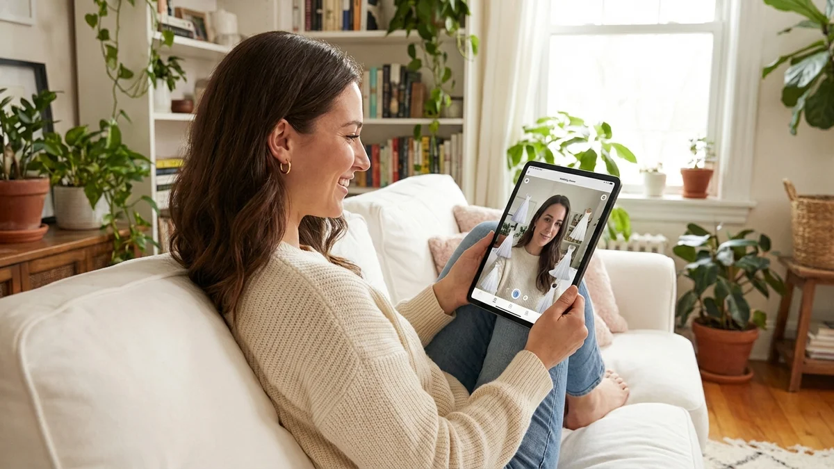 Bride using virtual try-on to preview wedding dress styles at home