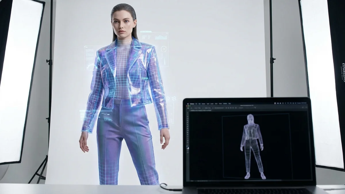 Virtual model concept showing a photorealistic digital avatar in a fashion studio