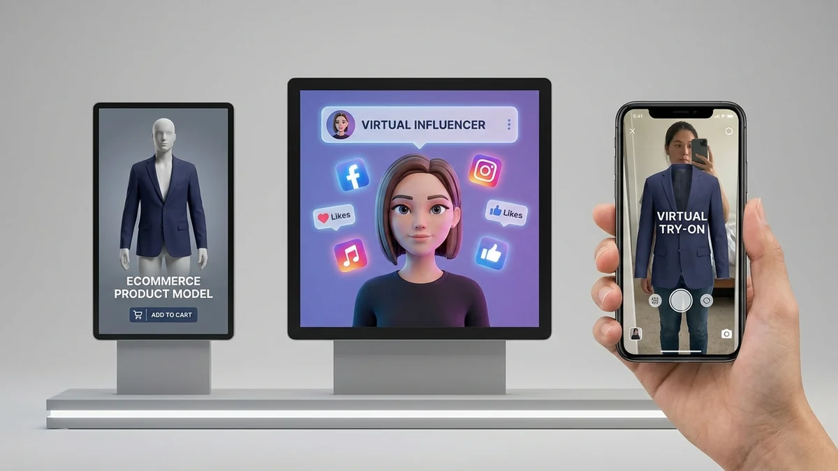 Different types of virtual models displayed side by side showing ecommerce, influencer, and try-on models