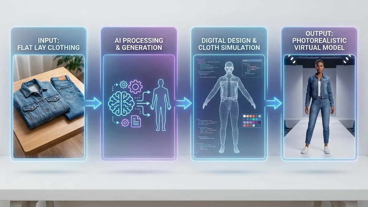 How virtual model technology works showing AI processing pipeline from garment to final image